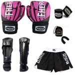 Ficha técnica e caractérísticas do produto Kit Boxe Muay Thai Top - Luva Bandagem Bucal Caneleira Shorts - 14 OZ Elite Rosa