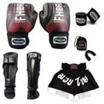 Ficha técnica e caractérísticas do produto Kit Boxe Muay Thai Top - Luva Bandagem Bucal Caneleira Shorts - 14 OZ Iron Vermelho