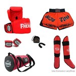Ficha técnica e caractérísticas do produto Kit Boxe Muay Thai Trad- Luva Bandagem Bucal Caneleira Bolsa Shorts (Tribal) - 10 Oz- Vermelho