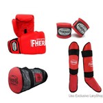 Ficha técnica e caractérísticas do produto Kit Boxe Muay Thai Trad-Luva Bandagem Caneleira Bolsa 10oz- Vermelho