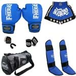 Ficha técnica e caractérísticas do produto Kit Boxe Muay Thai Fheras Oficial Trad Luva Bolsa Bucal Bandagem Caneleira Shorts - Azul