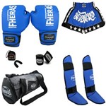 Ficha técnica e caractérísticas do produto Kit Boxe Muay Thai Trad - Luva Bolsa Bucal Bandagem Caneleira Shorts - Azul - 08 Oz