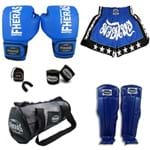 Ficha técnica e caractérísticas do produto Kit Boxe Muay Thai Trad - Luva Bolsa Bucal Bandagem Shorts Caneleira - 14 OZ Azul