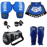 Ficha técnica e caractérísticas do produto Kit Boxe Muay Thai Trad - Luva Bolsa Bucal Bandagem Shorts Caneleira - Azul - 08 Oz