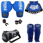 Ficha técnica e caractérísticas do produto Kit Boxe Muay Thai Trad - Luva Bolsa Bucal Bandagem Shorts Caneleira - Azul - 10 Oz