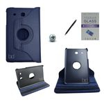 Ficha técnica e caractérísticas do produto Kit Capa para Galaxy Tab E 9.6 T560/T561 Giratória 360 + Película de Vidro + Caneta Touch (Azul Escu