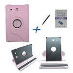 Ficha técnica e caractérísticas do produto Kit Capa para Galaxy Tab e 9.6 T560/T561 Giratória 360 + Película de Vidro + Caneta Touch (Rosa)