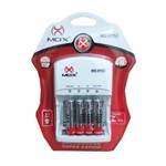 Ficha técnica e caractérísticas do produto Kit Carregador Mox + 4 Pilhas Recarregáveis Mox Aaa 1000 Mah