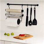 Kit de Cozinha: 1 Barra+3 Ganchos+1 Porta Rolos Triplo+1 Kit Fixação Preto - Metaltru