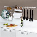 Kit de Cozinha: 2 Barras+6 Ganchos+ 1 Porta Condimentos e Rolo+1 Escorredor Dobrável +1 Kit Fixação Branco