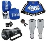 Ficha técnica e caractérísticas do produto Kit Fheras Muay Thai Orion -Luva Bandagem Bucal Caneleira Bolsa Shorts- Azul