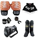 Ficha técnica e caractérísticas do produto Kit Fheras Muay Thai Top - Luva + Bandagem + Bucal- Caneleira - Bolsa - Shorts - Cobra 3 - 10