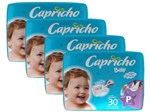 Ficha técnica e caractérísticas do produto Kit Fraldas Capricho Baby Tam P 4 Pacotes - com 30 Unidades Cada Indicador de Umidade