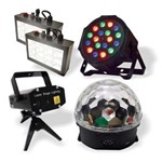 Ficha técnica e caractérísticas do produto Kit Iluminação de Festa Dj Bola Maluca Laser Holográfico Led Par e Strobos Brancos