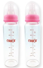 Ficha técnica e caractérísticas do produto Kit 2 Mamadeiras Vidro 240ml Bico Silicone Chuca Baby - Rosa