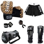 Ficha técnica e caractérísticas do produto Kit Muay Thai Boxe Top - Luva Bandagem Bucal Caneleira Shorts Bolsa - Onça - 10