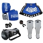 Kit Muay Thai Orion -Luva Bandagem Bucal Caneleira Bolsa Shorts- Azul