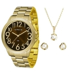 Ficha técnica e caractérísticas do produto Kit relógio feminino dourado lince com colar e brinco