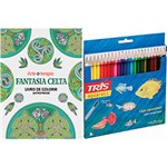 Livro para Colorir Adulto Fantasia Celta + Lápis de Cor Tris Aquarell + Pincel 24 Cores