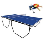 Mesa de Ping Pong 15 Mm Klopf Pés com Rodizios Azul + Kit de Raquetes, Bolinhas e Rede