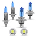 Ficha técnica e caractérísticas do produto Par Lâmpadas Super Branca H4 + H1 Efeito Xenon + Par Lâmpadas Pingo T10 5 LEDs - Kit Iluminação