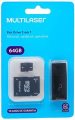 Ficha técnica e caractérísticas do produto Pen Drive 64 GB 3 em 1 Adaptador SD Cartao de Memoria Classe 10 Multilaser