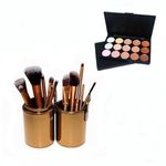 Ficha técnica e caractérísticas do produto Pincel Maquiagem Profissional Kit C/ 12 Dourado + Paleta Base E Corretivo