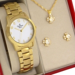 Ficha técnica e caractérísticas do produto Relógio Champion Feminino Dourado Ouro CN26519W prova d'água + colar e brincos + 1 ano de garantia