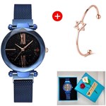 Relógio Feminino Azul com Pulseira Magnética + Bracelete + Caixa Florida.