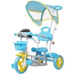 Ficha técnica e caractérísticas do produto Triciclo Motoca Bicicleta 3 Rodas Infantil Passeio com Empurrador Pedal Luz Som Capota Azul