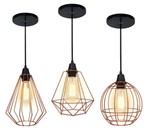 Ficha técnica e caractérísticas do produto Trio Pendente Aramado Retro Luminaria Lustre Cobre Utron